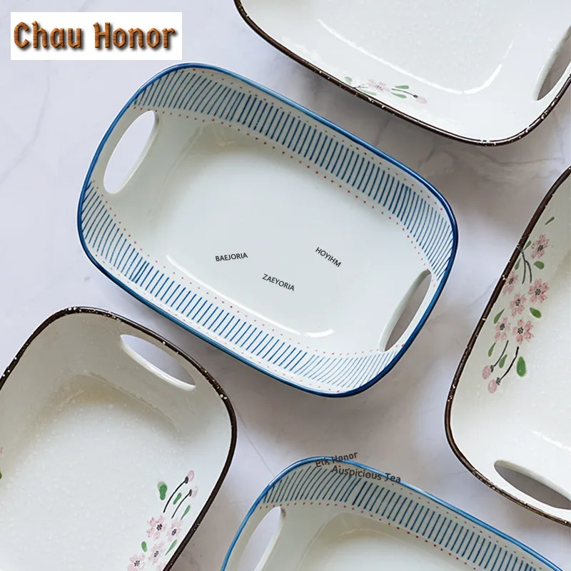 ZAEYORIA 8inch Cherry Blossoms Rectangular Baking Pan Japanese Underglaze Ceramic Tray Tableware Grill Plate Molecular Cuisine