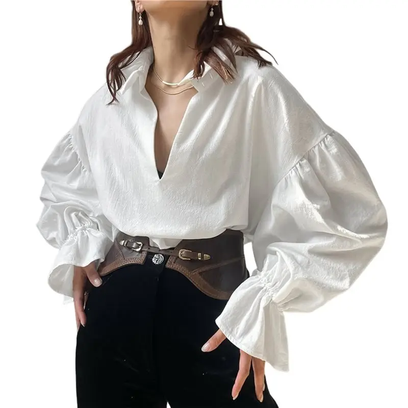 

CYL-Womens Casual 3/4 Sleeve Loose Fit Button Down Collared Work Blouse Tops
