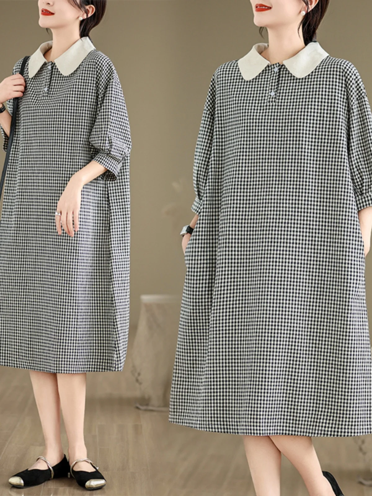 Verão casual xadrez algodão lin dr gola do bebê solto midi saia de emagrecimento cintura alta oulder casual irt sle saia linha a