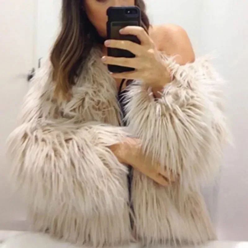 Warm Faux Fur Coat Winter Women 2023 Elegant Short Yellow Hairy Furry Fake Fur Overcoat Oversized Loose Fluffy Outerwear O Neck