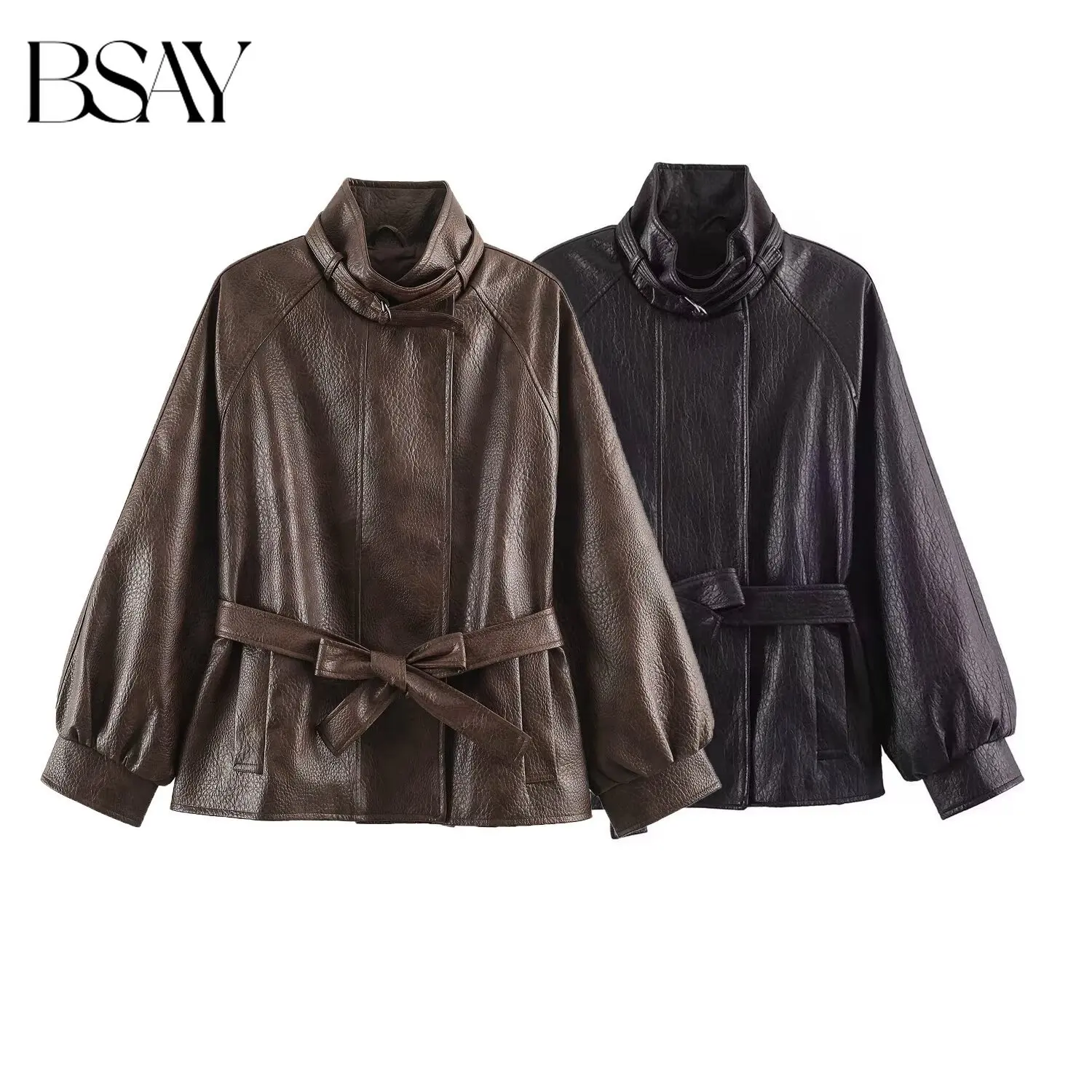 BSAY 2026 Women Minimalist Commuter Stand Collar Faux Leather Belted Jacket Lantern Sleeve Waist Belt Elegant Daily Outer Coat