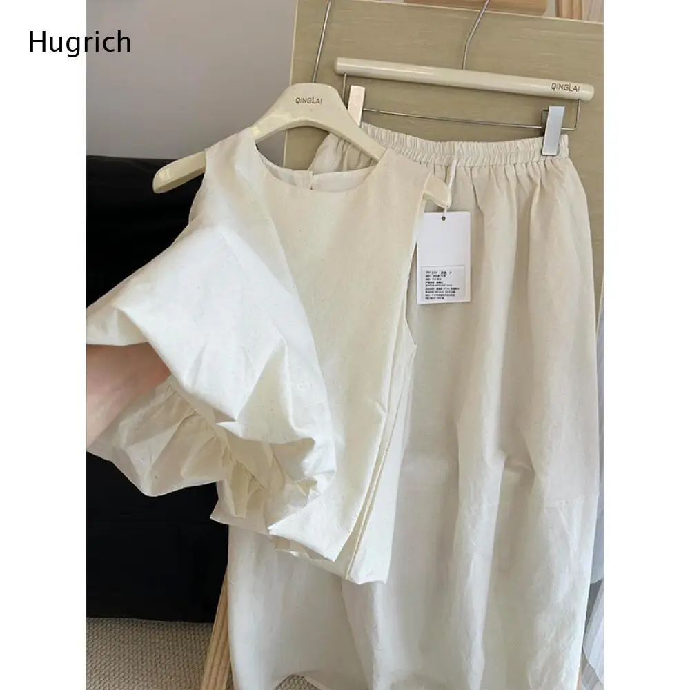 

Korean Minimalist Beige Linen Matching Set Sleeveless Round Neck Blouse High Waist Loose Swing Long Skirt