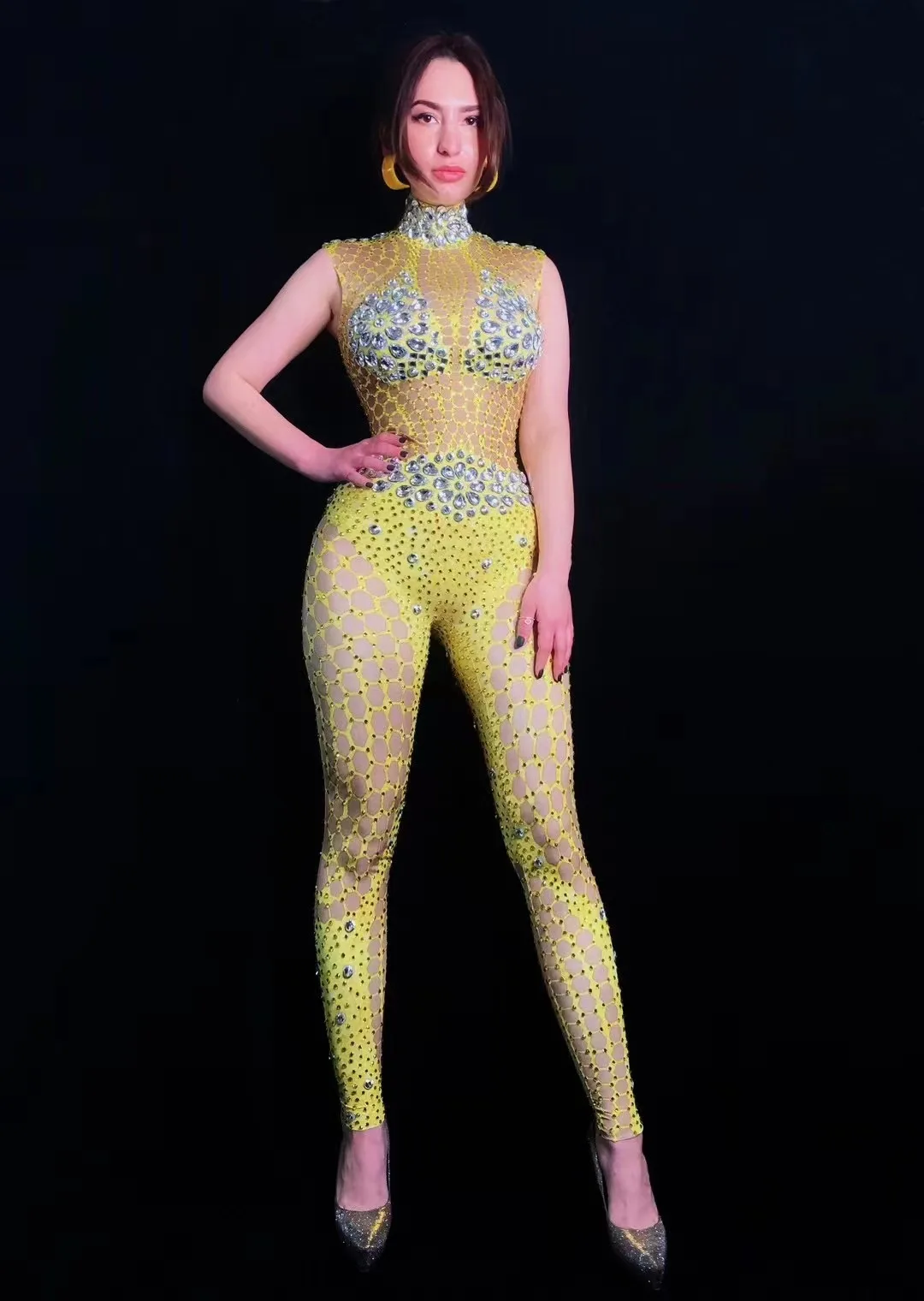 

Yellow Silver Stones Spandex Sexy JumpsuitWomen's Birthday Celebrate Bodysuit FemaleSinger Dancer Clothes Evening Outfit