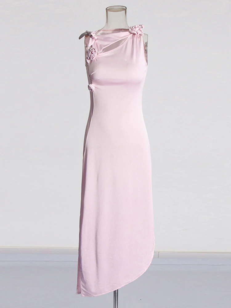 TWOTWINSTYLE Hollow Out Spliced Appliques Dress For Women Round Neck Sleeveless High Waist Solid Sexy Slimming Dresses Female