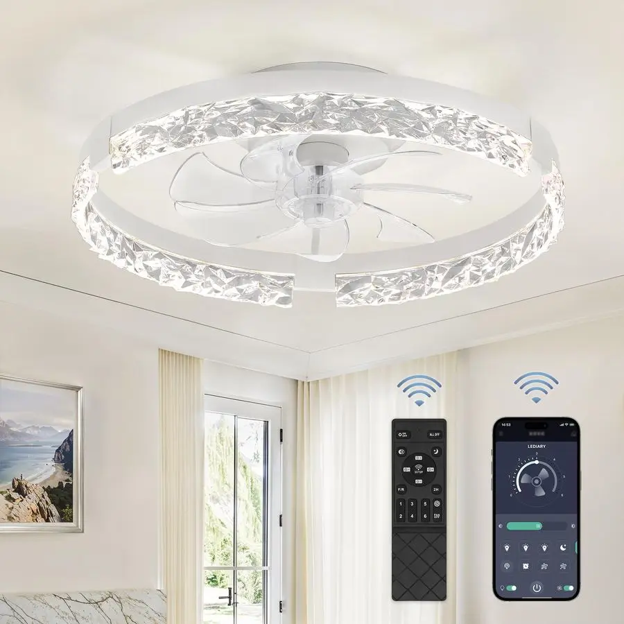 

20 Inch Low Profile Ceiling Fans with Lights and Remote, Fandelier Ceiling Fan Flush Mount, 3000K6000K Dimmable LED Fan Light,