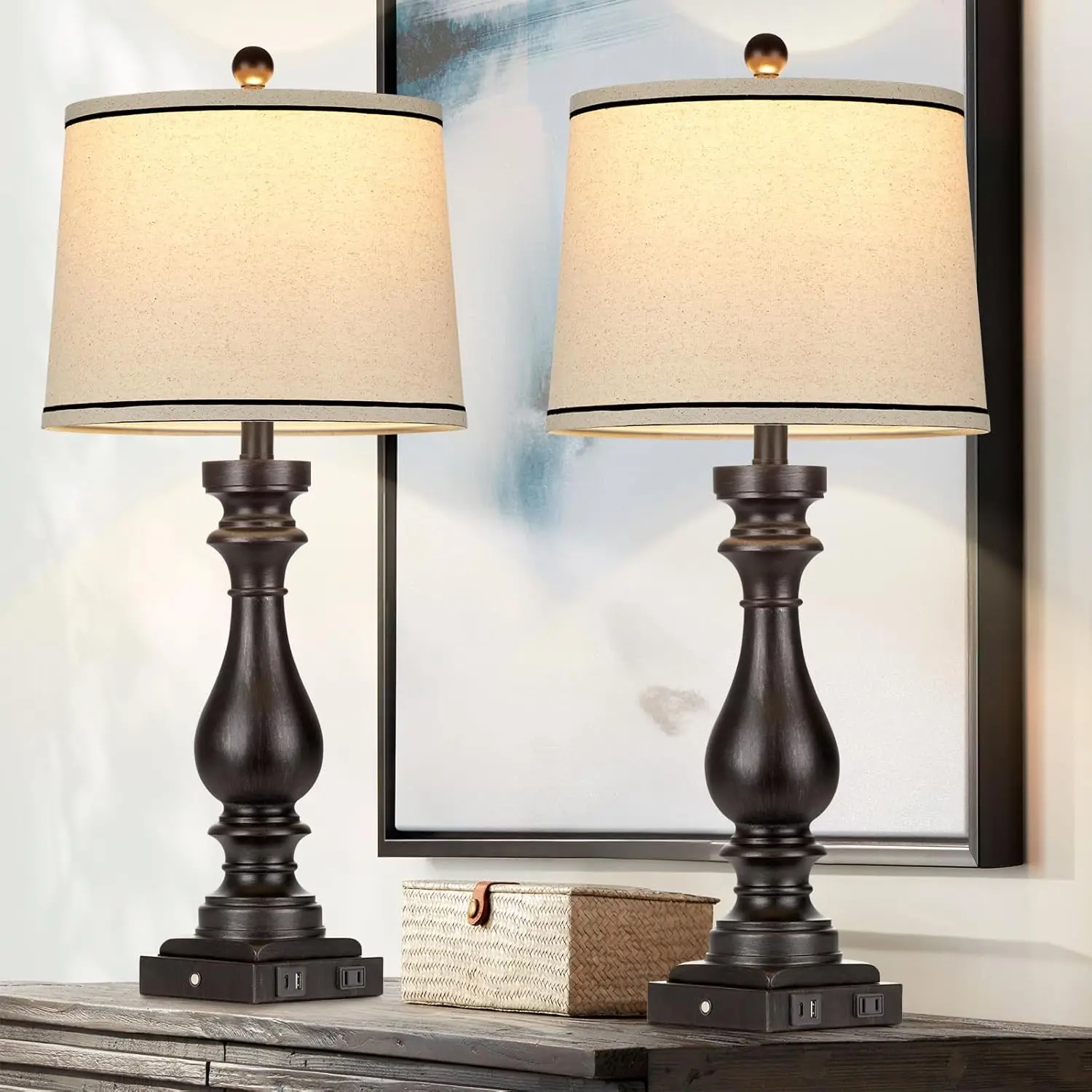 29' Tall Table Lamp Set of 2, Farmhouse Vintage Bedside Lamps with USB-C + A Ports & AC Outlet, 3-Way Dimmable Touch Control