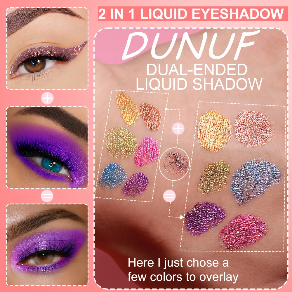 DUNUF Doppelkopf-flüssiger schwarzer Lidschatten, glänzend, langlebig, wasserfest, Lidschatten-Palette, Glitzer-Augen, koreanisches Make-up, Kosmetik