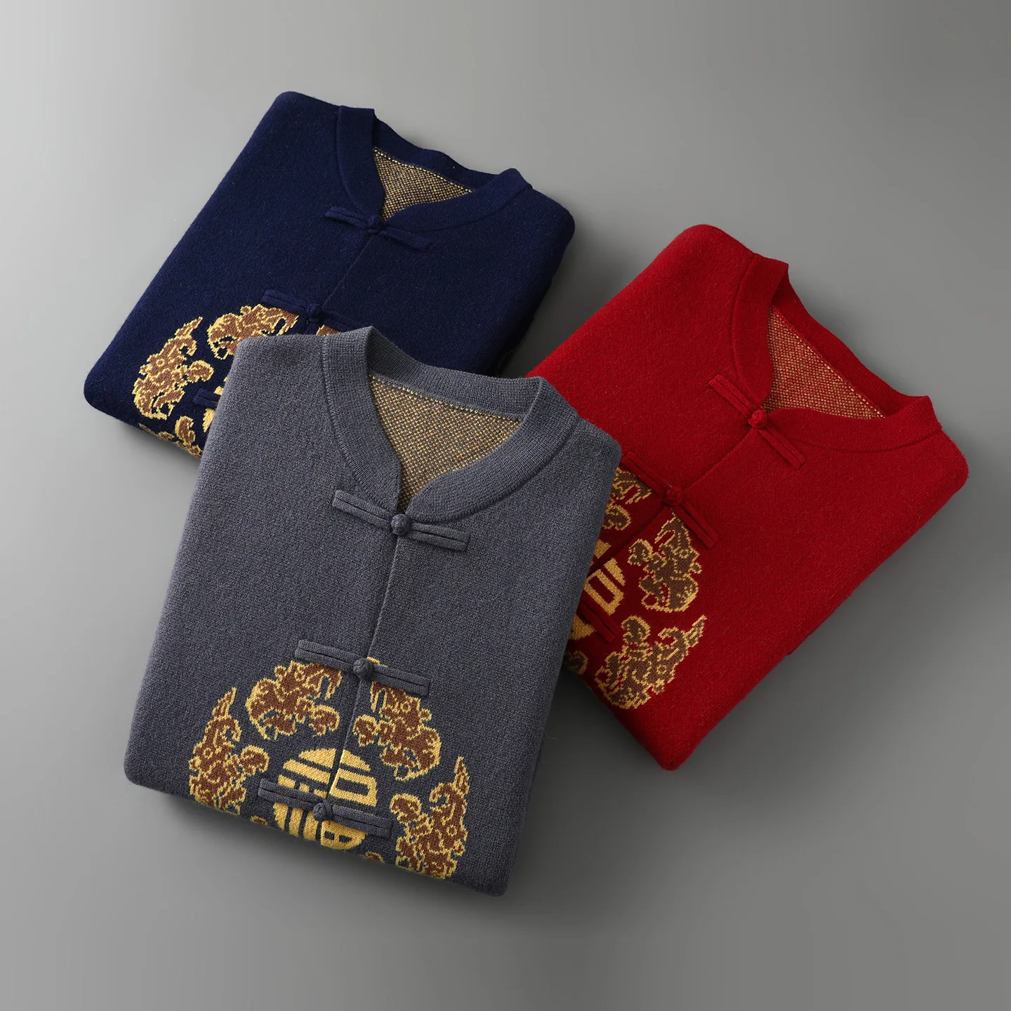 Classic Chinese Jacquard Style Cardigan Pure Australia Wool Sweater Retro button pocket decoration High quality Double-layer Top