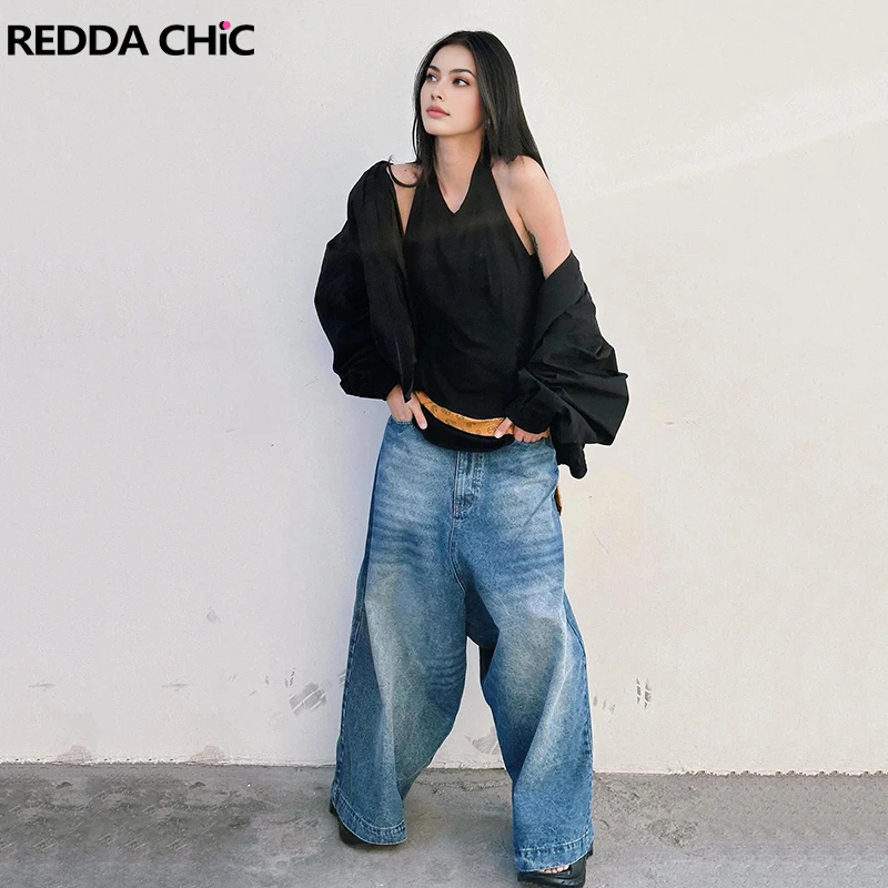 REDDACHiC 90s Skater Oversized Horseshoe Jeans Women Trousers Blue High Waist Whiskers Wide Leg Casual Pants Hiphop Streetwear