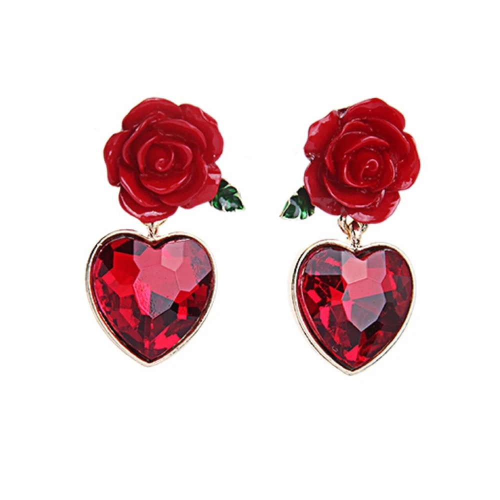 Vintage Jewelry Accessories Wholesale Beautiful Valentines Day Gift Love Heart Red Rose Flower Stud Earrings for Women