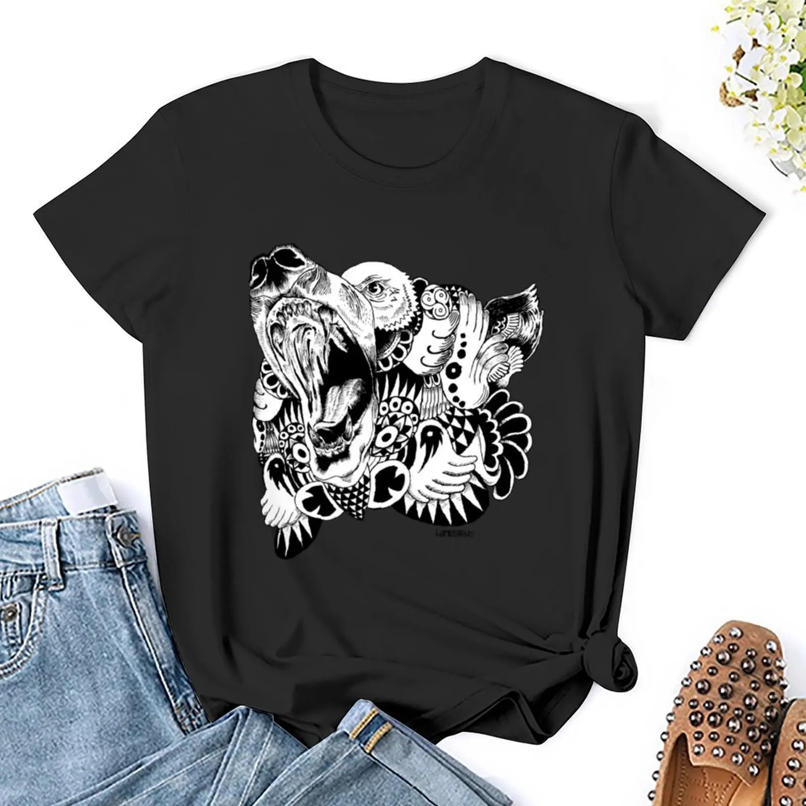 Camiseta de urso selvagem feminina, camiseta feminina de manga curta, tops lisos