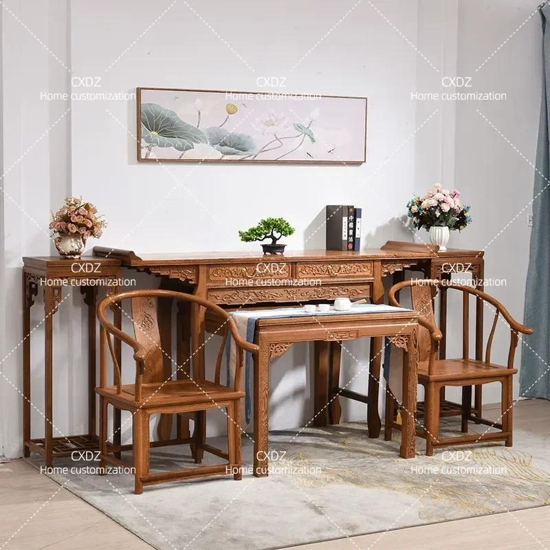 Solid Wood Chinese Antique Eight Immortals Table Zhongtang Offering Set Buddhist Platform Hall Furniture Six Piece Suite