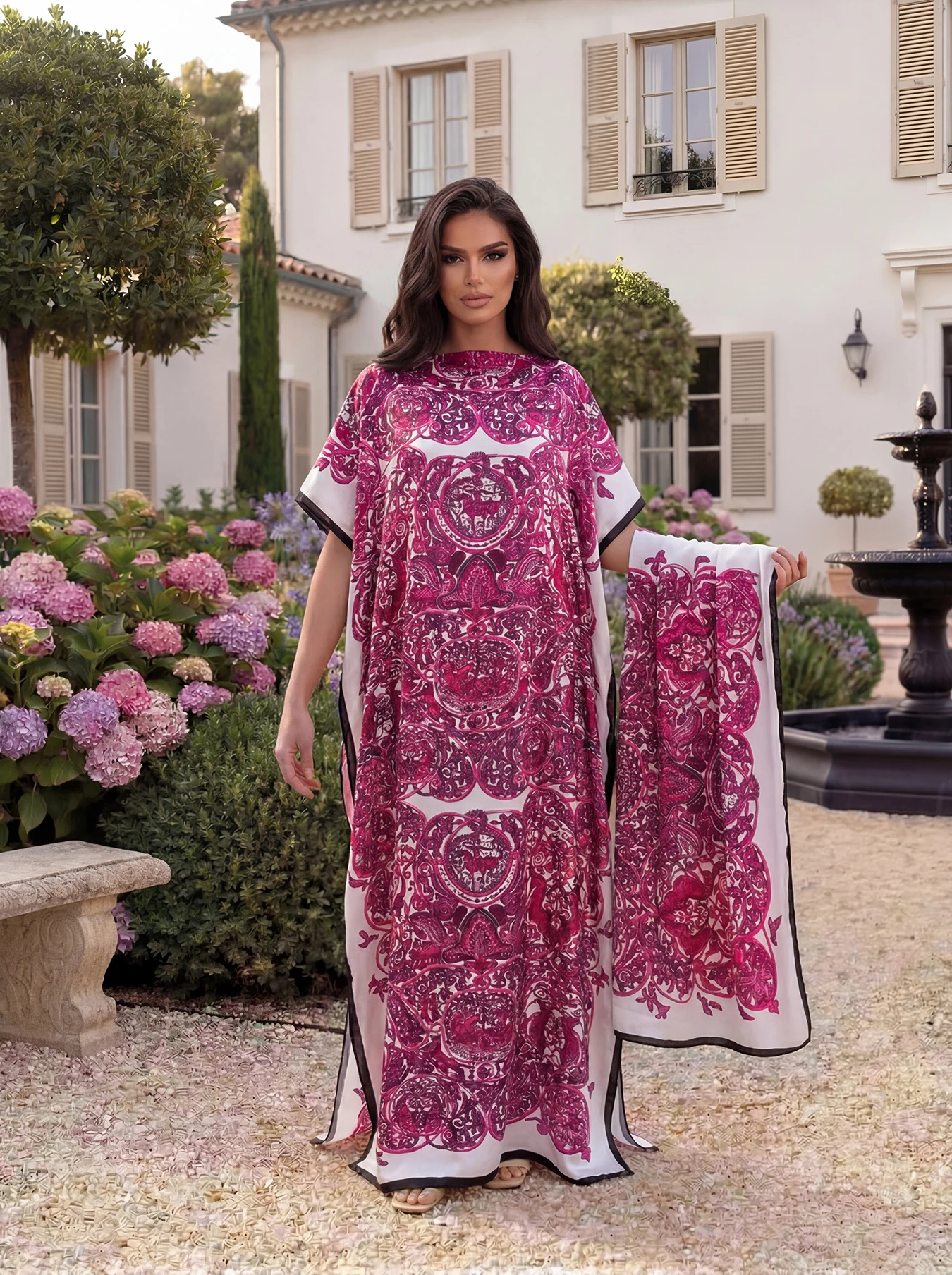 Vintage Baroque Animal Print Abaya With Scarf, Loose Maxi Kaftan For African Muslim Women Summer Beach Holiday Wear view 3