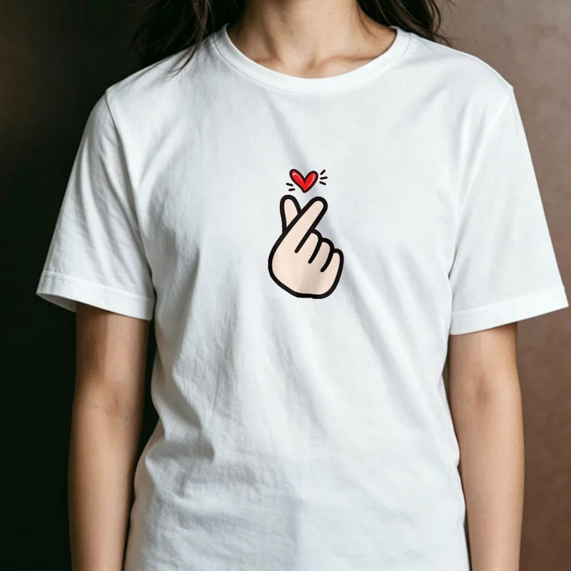 Unisex Cute Korean Finger Heart Red Heart Cartoon Graphic T Shirt Kpop Love Gesture Daily Streetwear Couple Top
