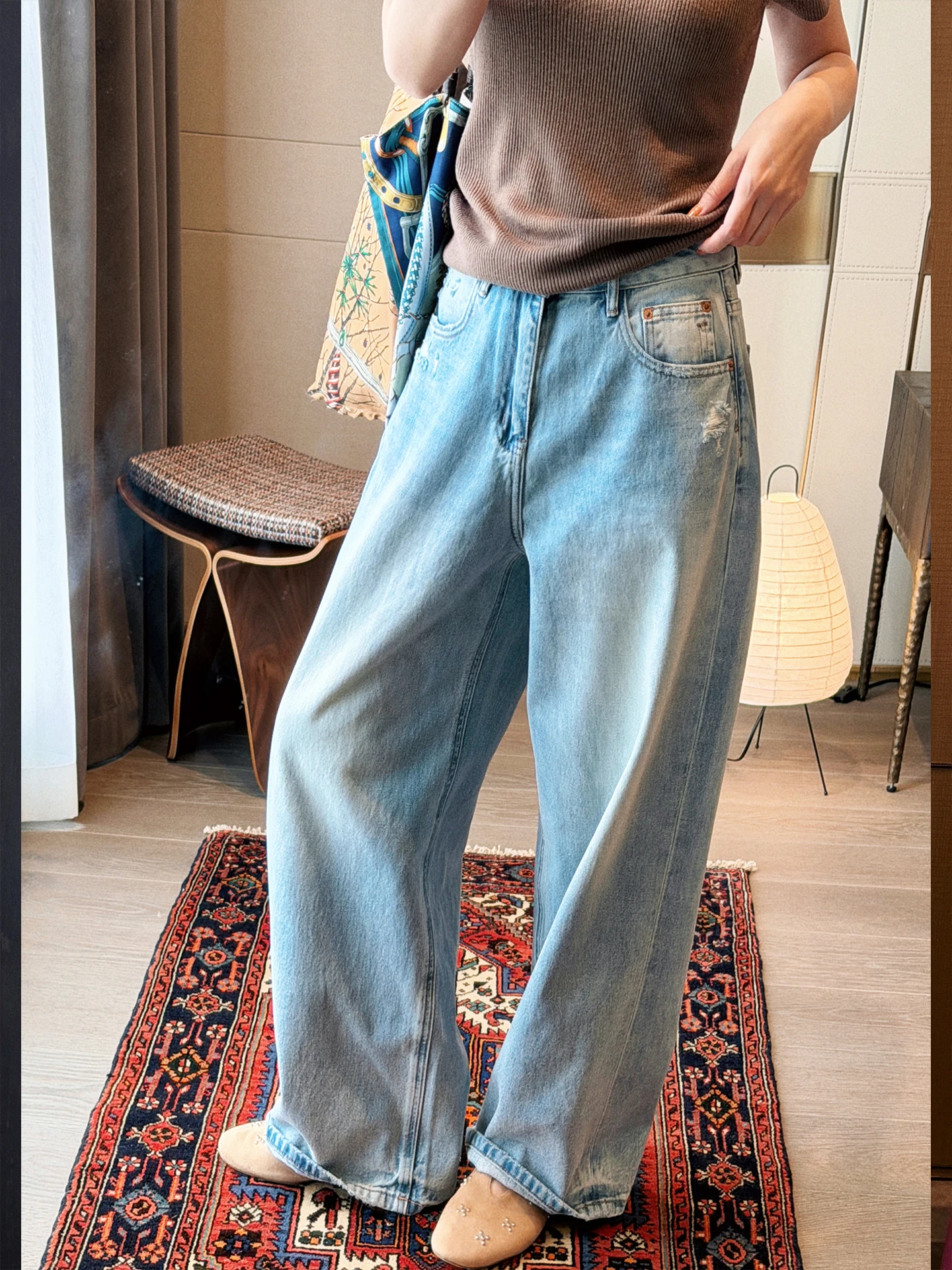 

Lightweight Spring Summer Muguet De Mai Jeans Women's Wide Leg Pants Washed Distressed Knife Comfortable Breathable Cotton