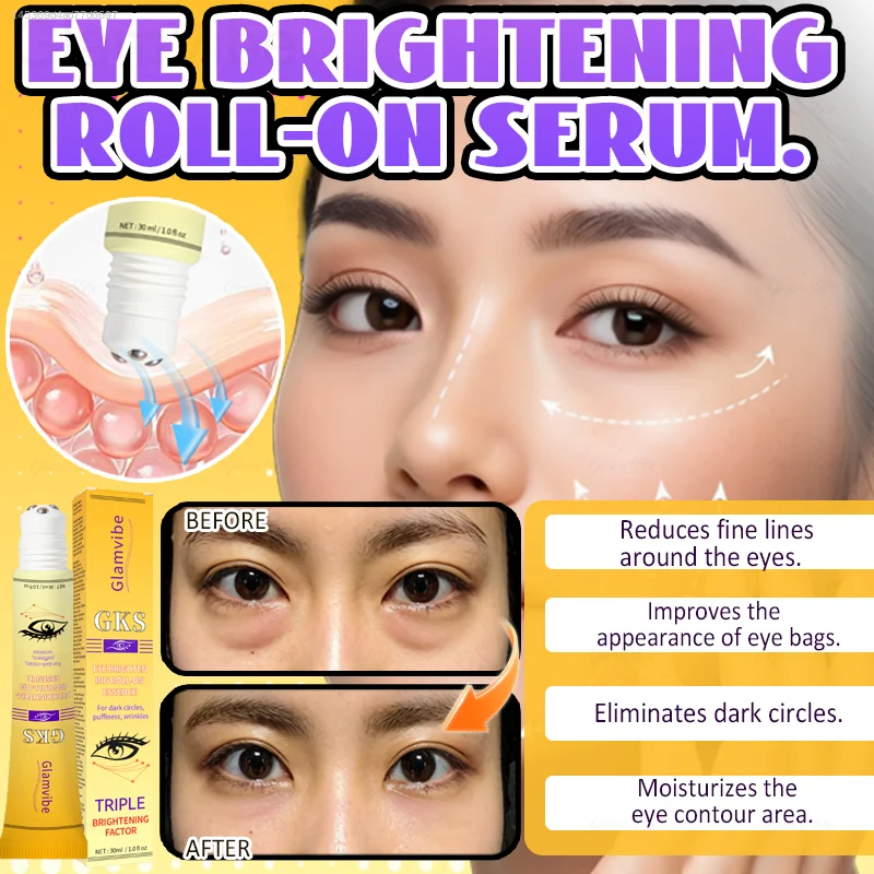 eye brightening rollerball serum contains caffeine, hyaluronic acid, and other natural moisturizing ingredients.
