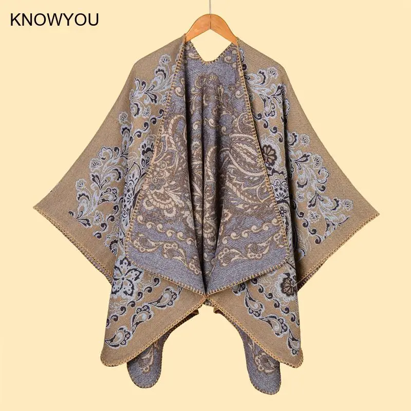 

Толстые имитационные кашемировые пончо, женские теплые накидки с разрезом, мужская куртка большого размера на осень и зиму, пальто из пашмины с принтом