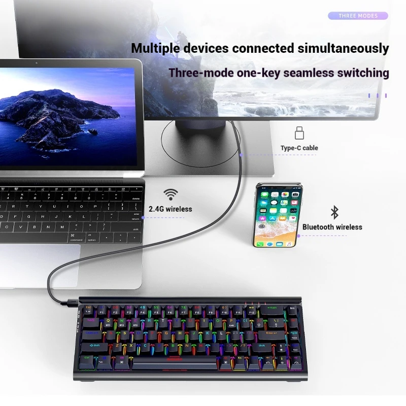 Gk64 Wireless Mechanical Keyboard 68 Key Gaming Keyboard Three Mode Customized Hotswap Switch Pcb Rgb Esports Gamer Accessories