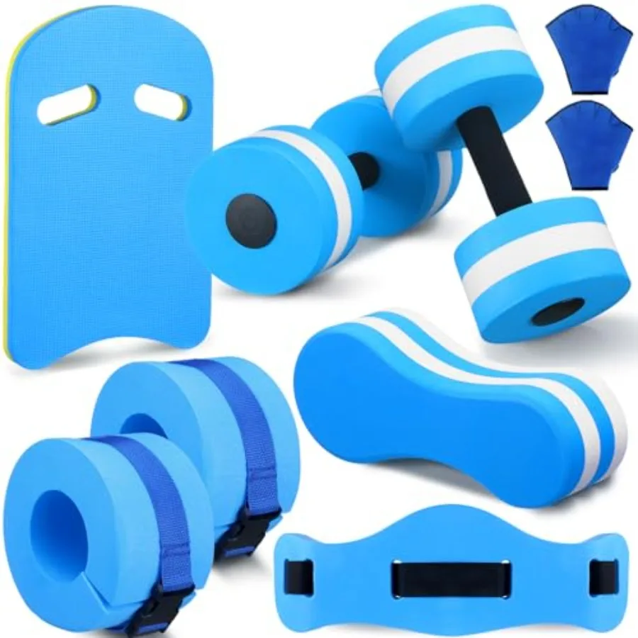 

8 Pcs Water Aerobics Set with Foam Dumbbells Swim Belt Pull Buoy Kickboard Gloves Water Weights for Aquatic Fitness Training Bl