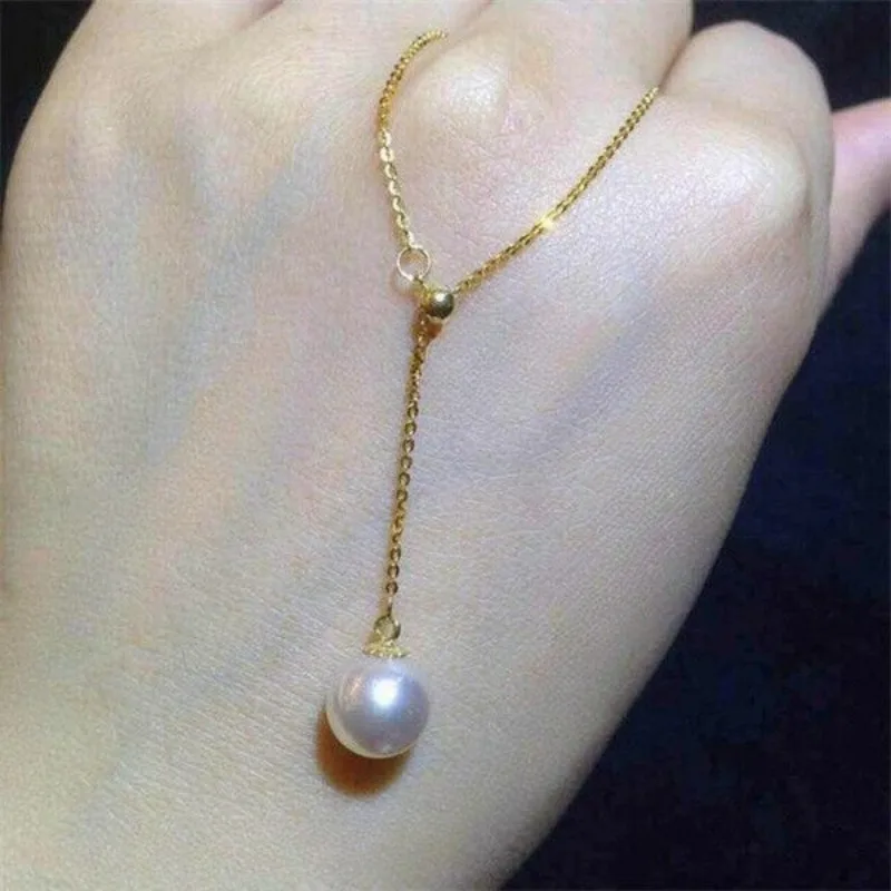 18-inch AAA+ 8-9mm Natural Akoya White Pearl Pendant Necklace for Women 14K Yellow Gold Plated Elegant Jewelry Accessory