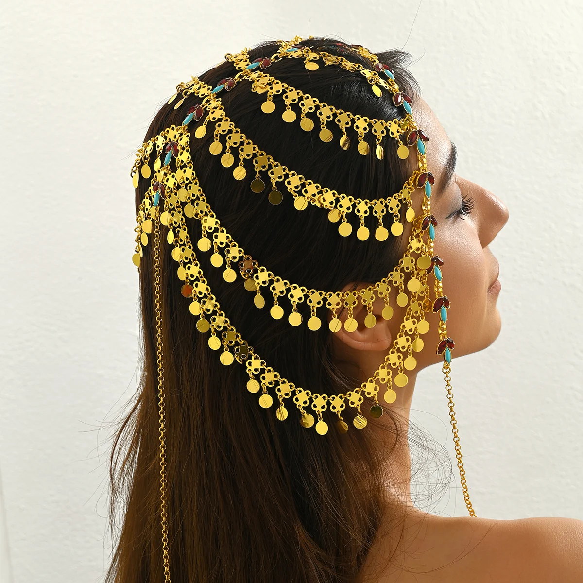 

Chic Boho Golden Head Chain Multi-layer Coin Tassel Design Perfect For Stage Performance Festival Hair Accessory