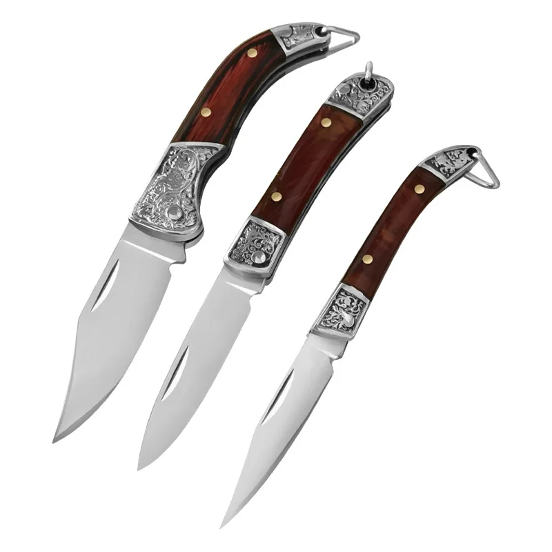 

Stainless Steel Sharp Fruit Paring Folding Knife Pocket Wood Handle Outdoor Camping Travel Keychain Knife Survival Self-defence