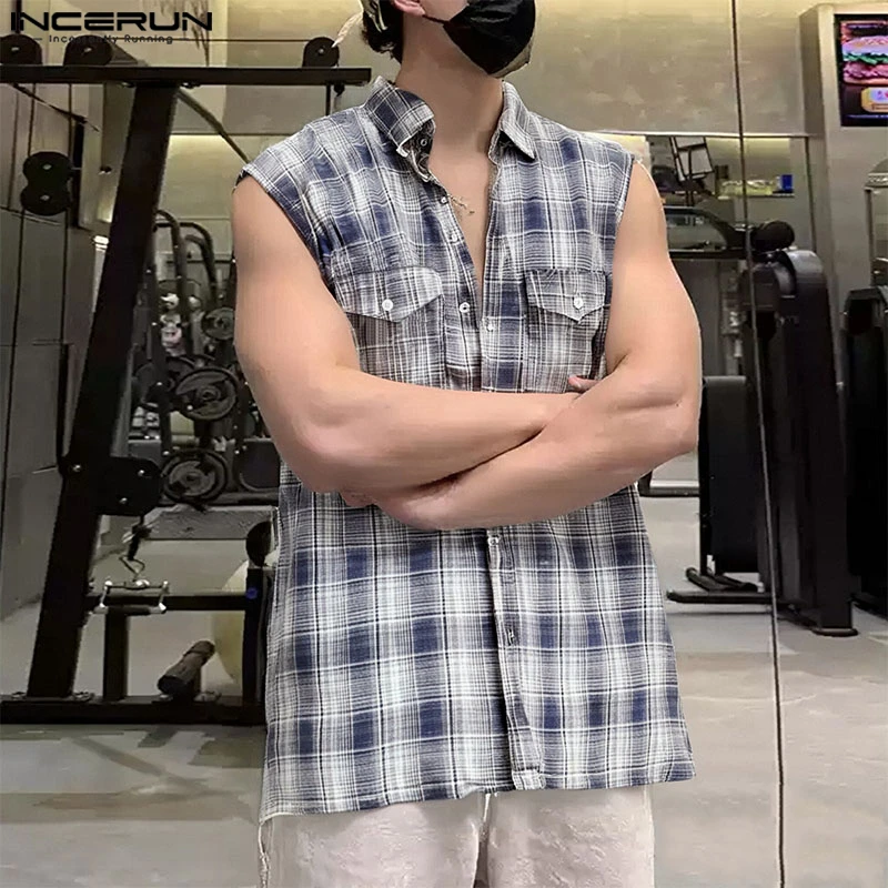 Incerun moda verão topos camisas masculinas sem mangas camisa xadrez lapela t roupas masculinas casuais masculino streetwear oversize S-5XL
