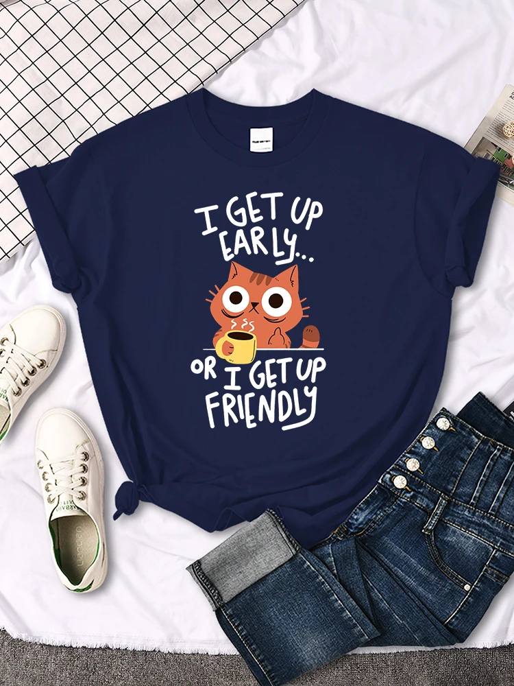 I Get Up Are Lazy Cute Cat Women T-shirts Leisure Tops Breathable T Shirts Retro Breathable Streetwear Summer Female Tee Shirts