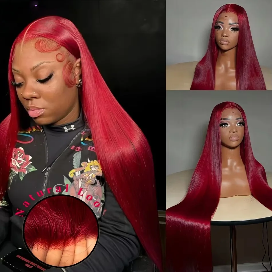 

99J Burgundy 13x4 13x6 hd Lace Frontal Brazilian Pre Plucked Colored Straight Wigs Transparent Lace Red Remy Human Hair Wig 100%