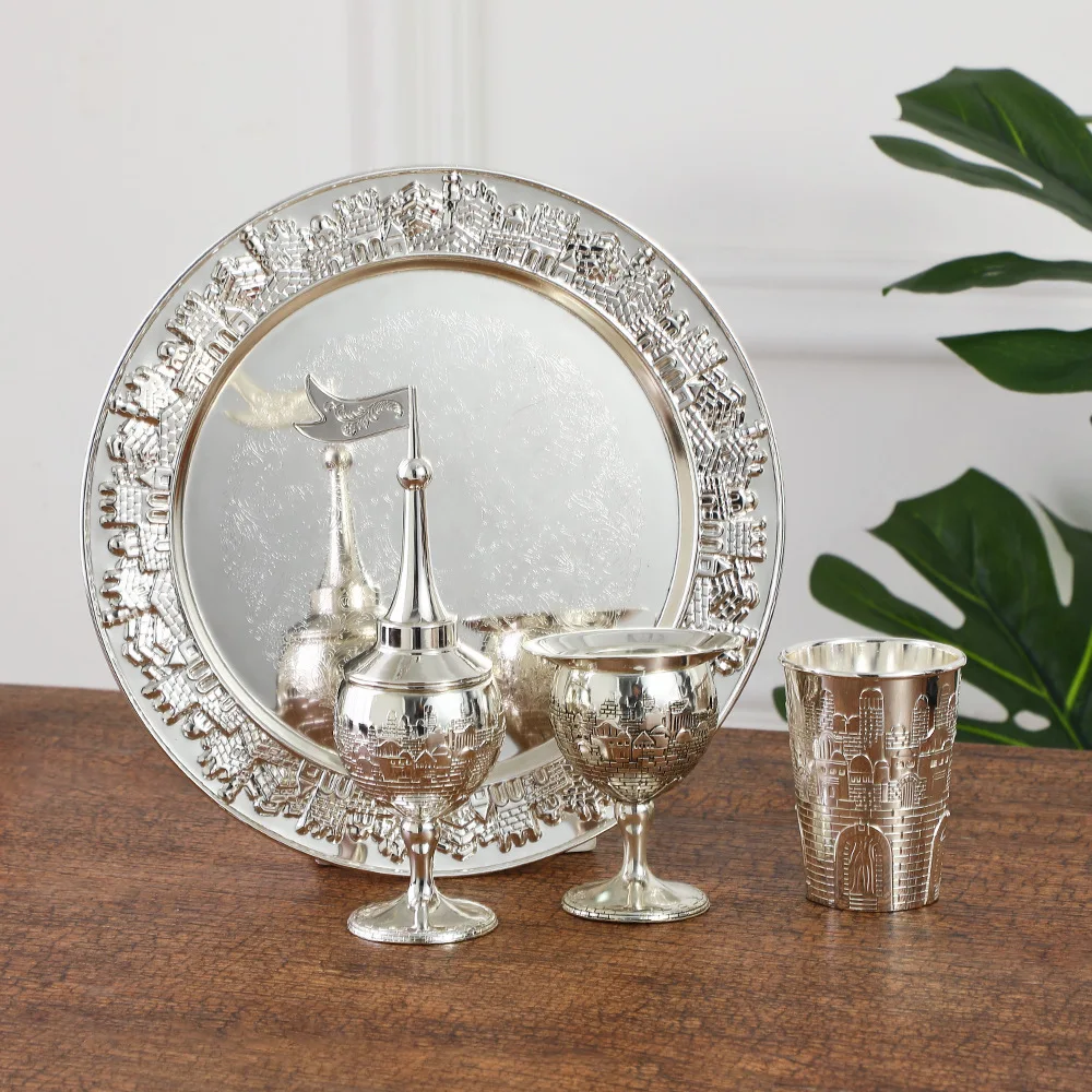 Havdalah 4pcs set,Kiddush high foot cup and tray,Havdalah candle holder,Besamim spice box suitable for the end of the Sabbath