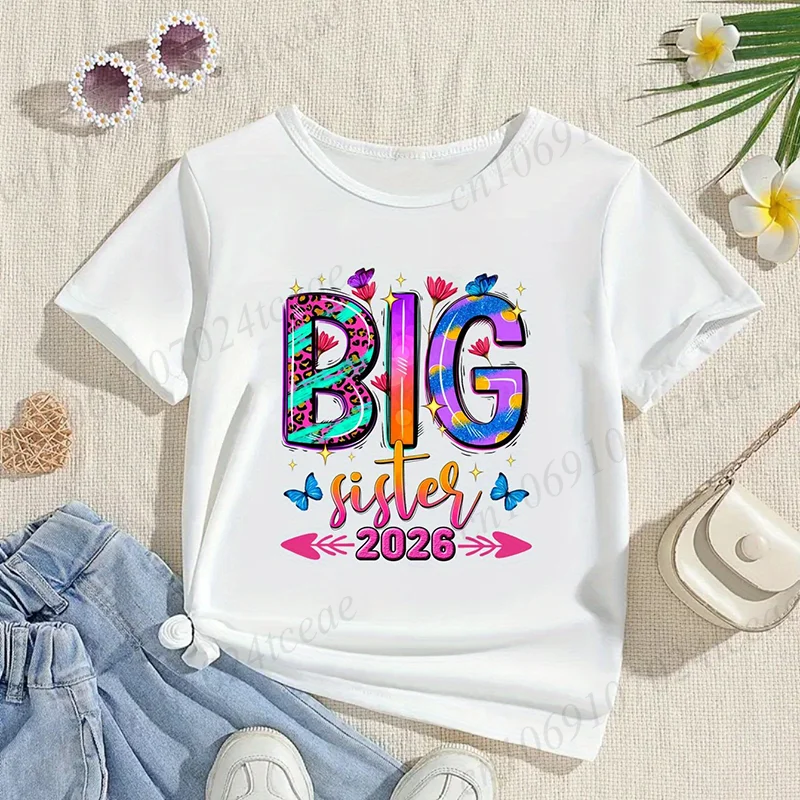 Girl Big Sister 2026 Graphic Tshirt Short Sleeve Cotton T-Shirts Girl Big Sister 2026 T-Shirts Children Summer Clothing Cotton