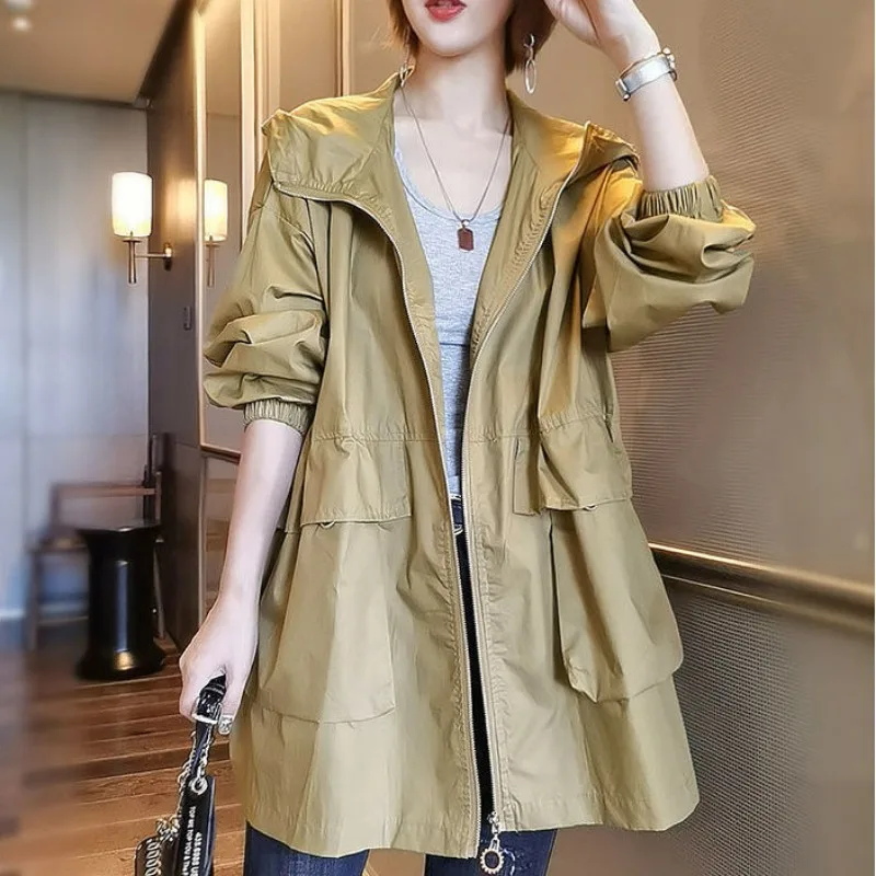 

2023 New Spring Autumn Mid Length Windbreaker Women Top Fashion Loose Casual Versatile Simplicity Work Wear Hooded Coat Female