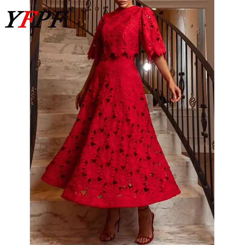 

YFPF Embroidery Two Piece Set Women O Neck Batwing Sleeve Top High Waist Hollow Out A Line Long Skirt Elegant Suit Female New