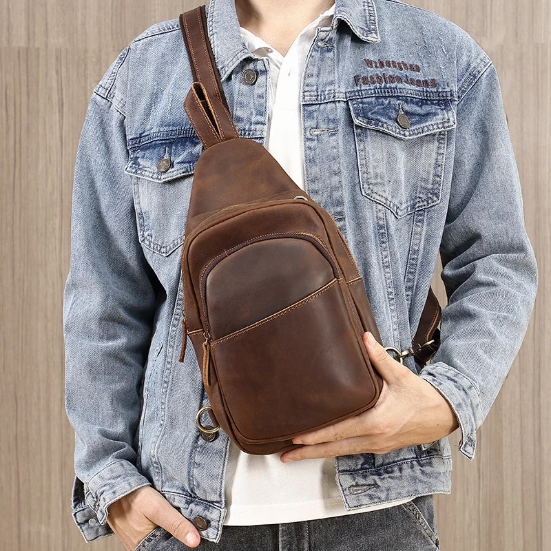 Vintage Crazy Horse Leather Chest Bag Casual Top Tier Cowhide Sports Outdoor Shoulder Bag Crossbody Bag Handmade Leather Trendy