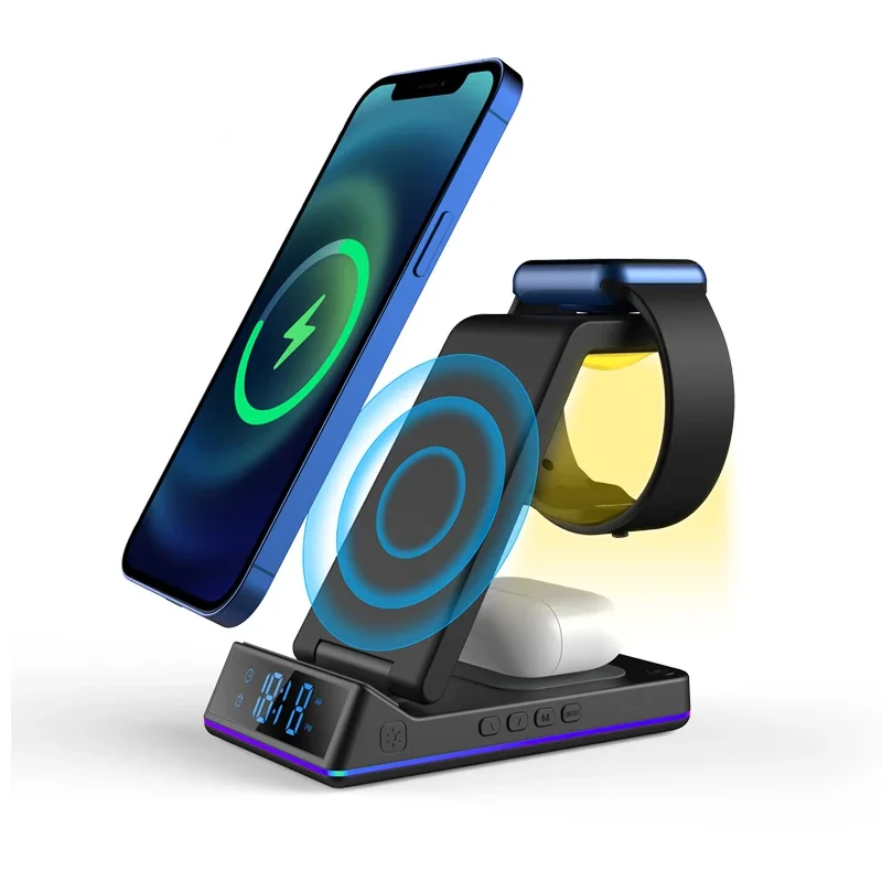 2022 Newest 5 in 1 fast alarm clock Wireless Charger Stand Cell Phone Charging Holder Portable 3 in 1 wireless charger with lamp