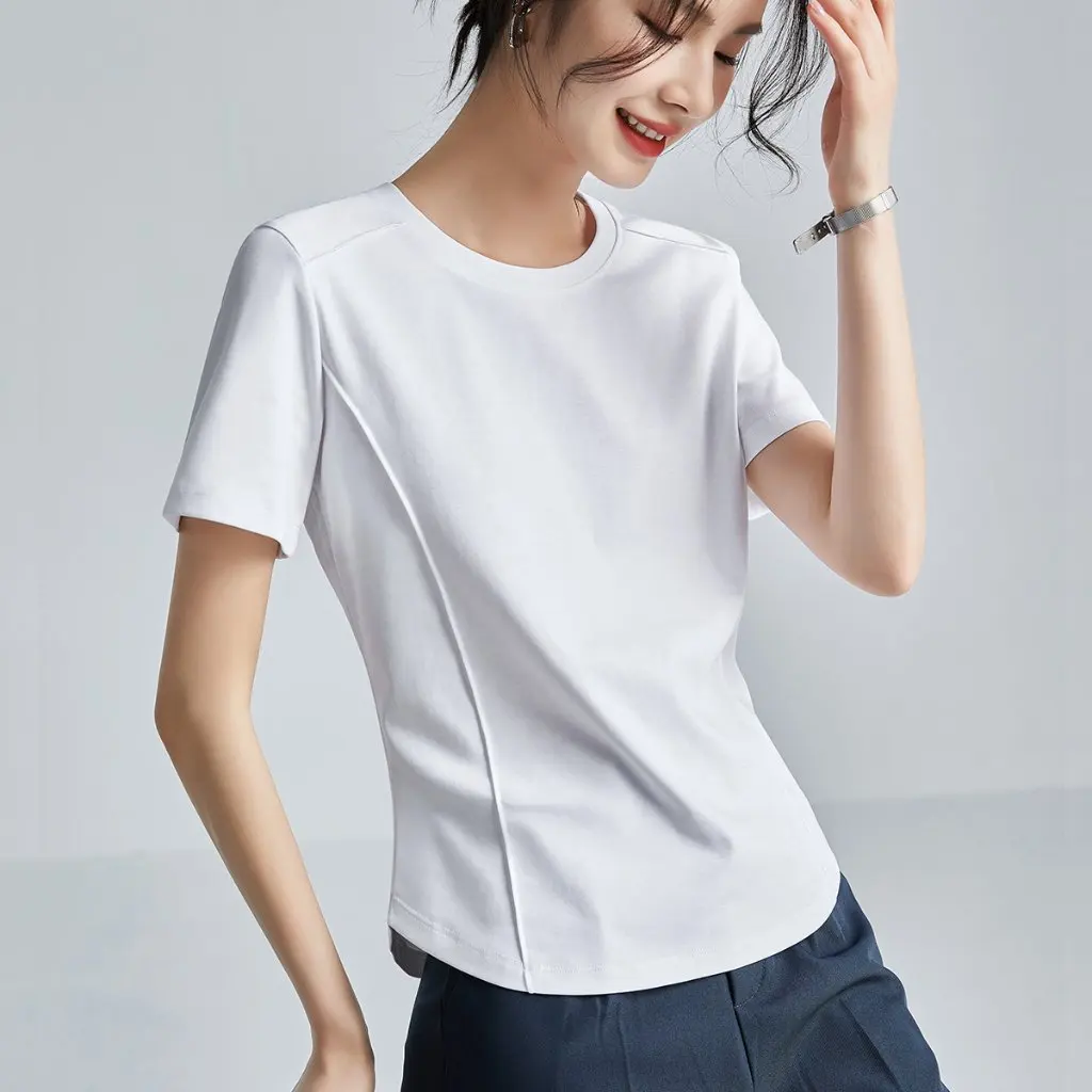 

Women's Liquid Ammonia Mercerized Cotton White T-Shirt Short-Sleeved Shoulder Elegant Slim-fit Summer Top Western Style
