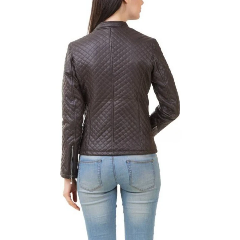 Jaqueta genuína de pele de carneiro acolchoada feminina, casaco Zip Urban Biker, mulheres premium, 100% couro