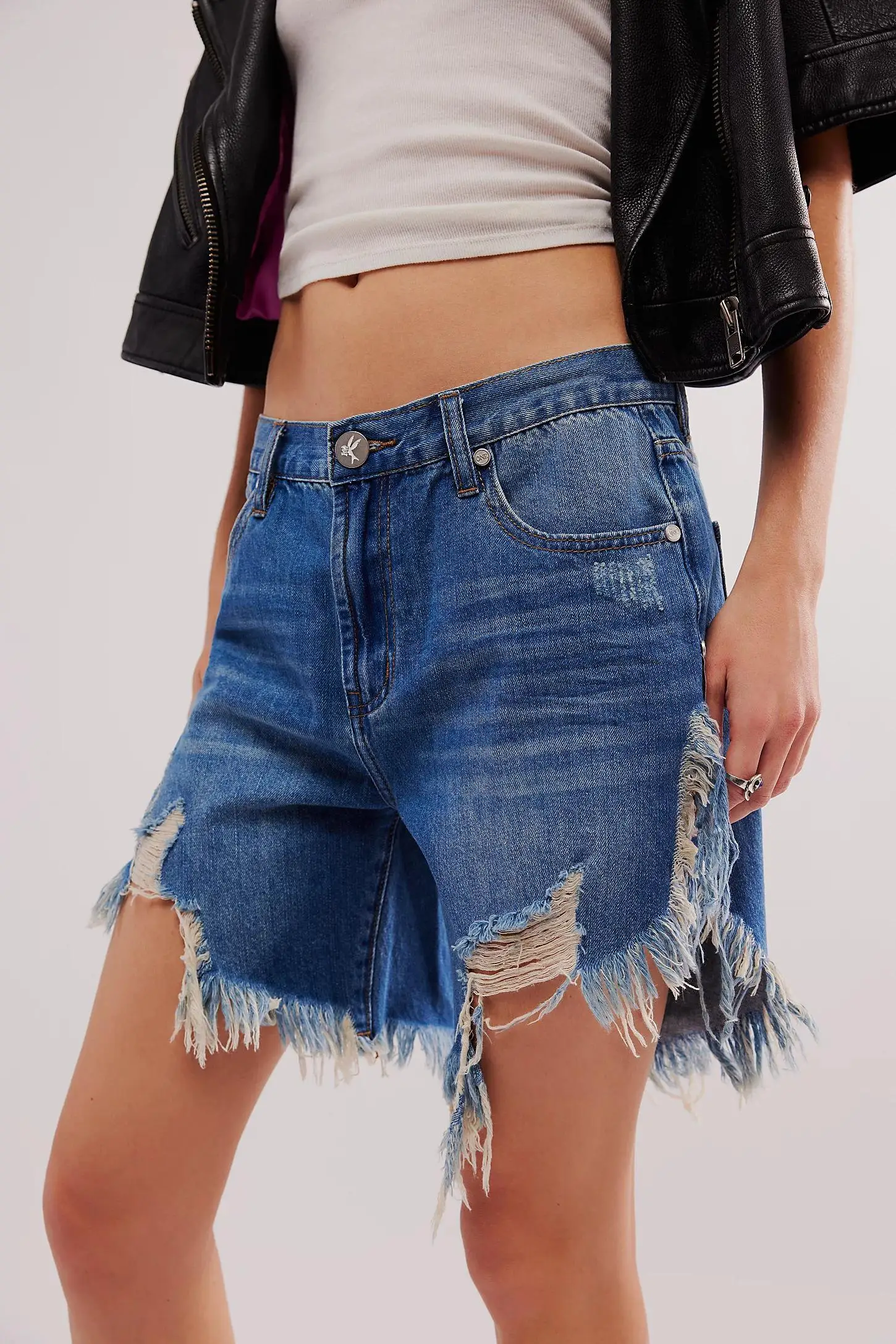 Women Distressed Denim Cutoffs Shorts with Zip Fly and Button Closure Jeans