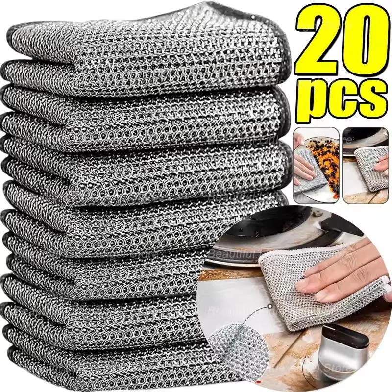 5/10/20Pcs Thickened Steel Wire Cleaning Cloth Non-Scratch Double-layer Iron Microfiber Mesh Dishrag Washing Pot Rags