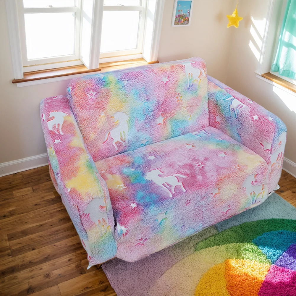 Cómoda silla para niños pequeños plegable que brilla en la oscuridad, silla convertible de espuma de felpa, sofá para niños que brilla en la oscuridad con estrellas para niñas y niños
