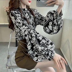 Summer Women's Casual Fashion Elegant Commuting Round Neck Pullover Loose Retro Art Print Satin Lantern Sleeves Temperament Top