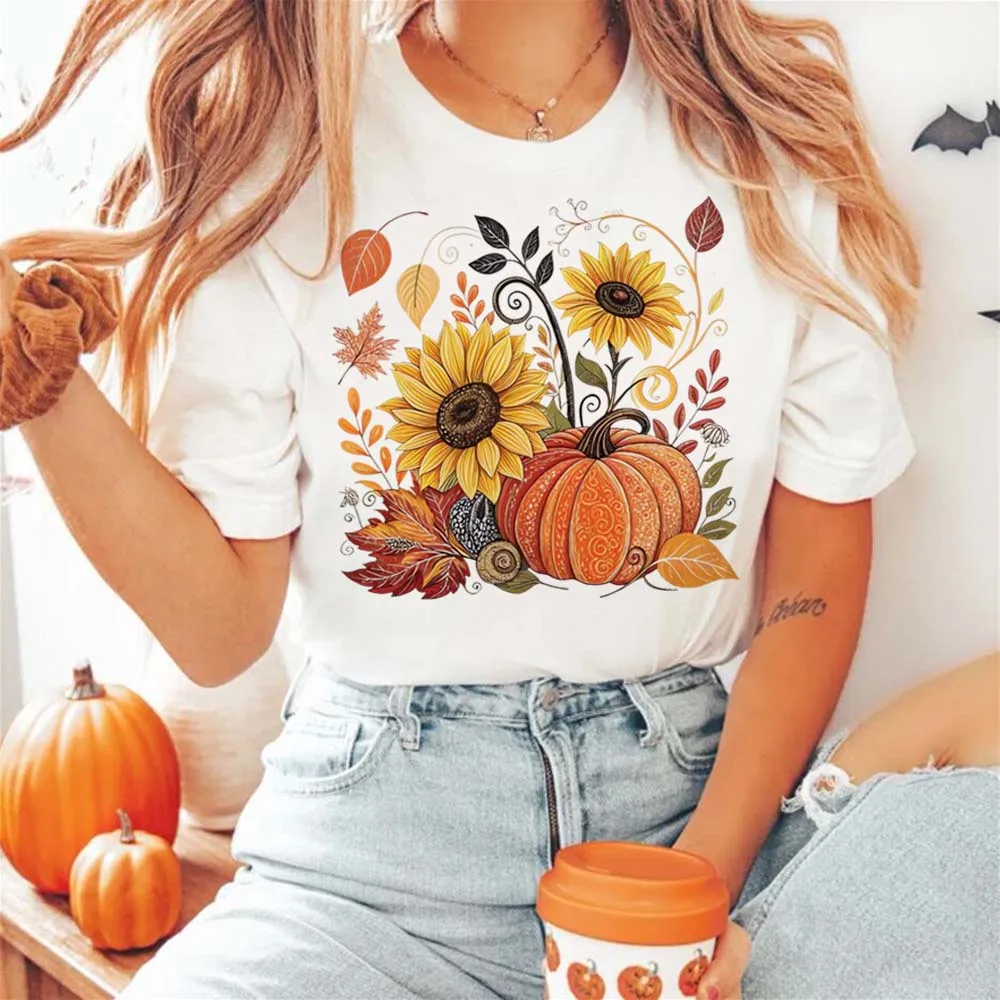 

Футболка с подсолнухом и тыквой, футболка с рисунком на День Благодарения, осенний урожай, женская модная базовая футболка с принтом на Хэллоуин
