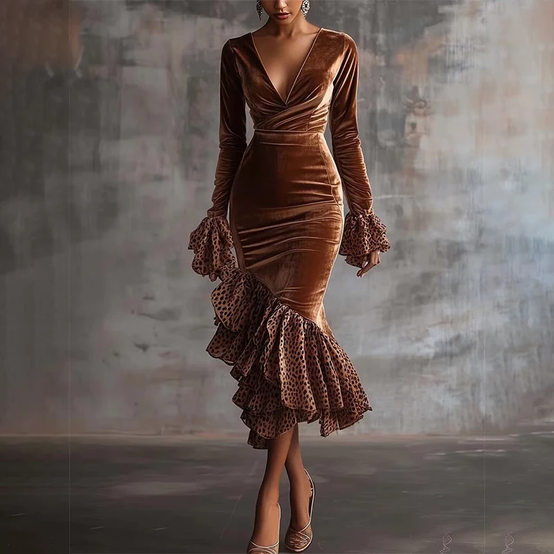 

Elegant Velvet Gown Women's Deep V Neck Bodycon Long Dress American Style Long Sleeve Ruffle Hem Leopard Printed Mermaid Dress