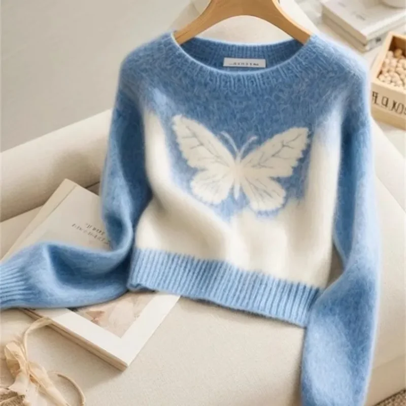 

Blue Pullover Sweater for Women in Autumn and Winter High-end Round Neck Sweater Chic Long-sleeved Top