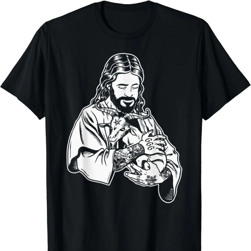 Creative Jesus Holding Goat Baphomet Occult Satanic Tattooed Man Printed T-shirt Tops Cool Hipster Street Fashion Short-sleev