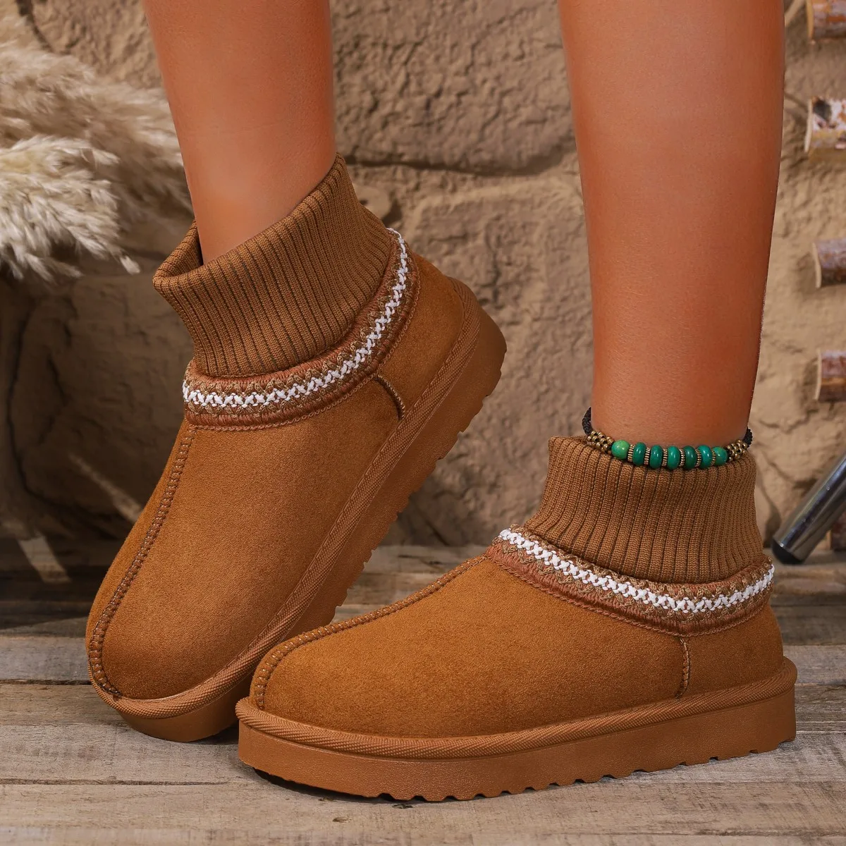 

New Winter Snow Boots for Women, Thick Soled Knitted Warm and Plush Thick Yarn Women's Boots Platform Shoes