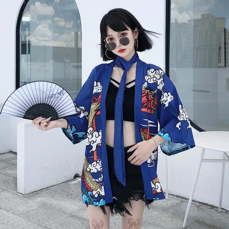 

Summer Street Retro Couple Dress Cardigan 3/4 Sleeve Coat Sunscreen Coat Cartoon Dragon Print Stage Performance Clothing