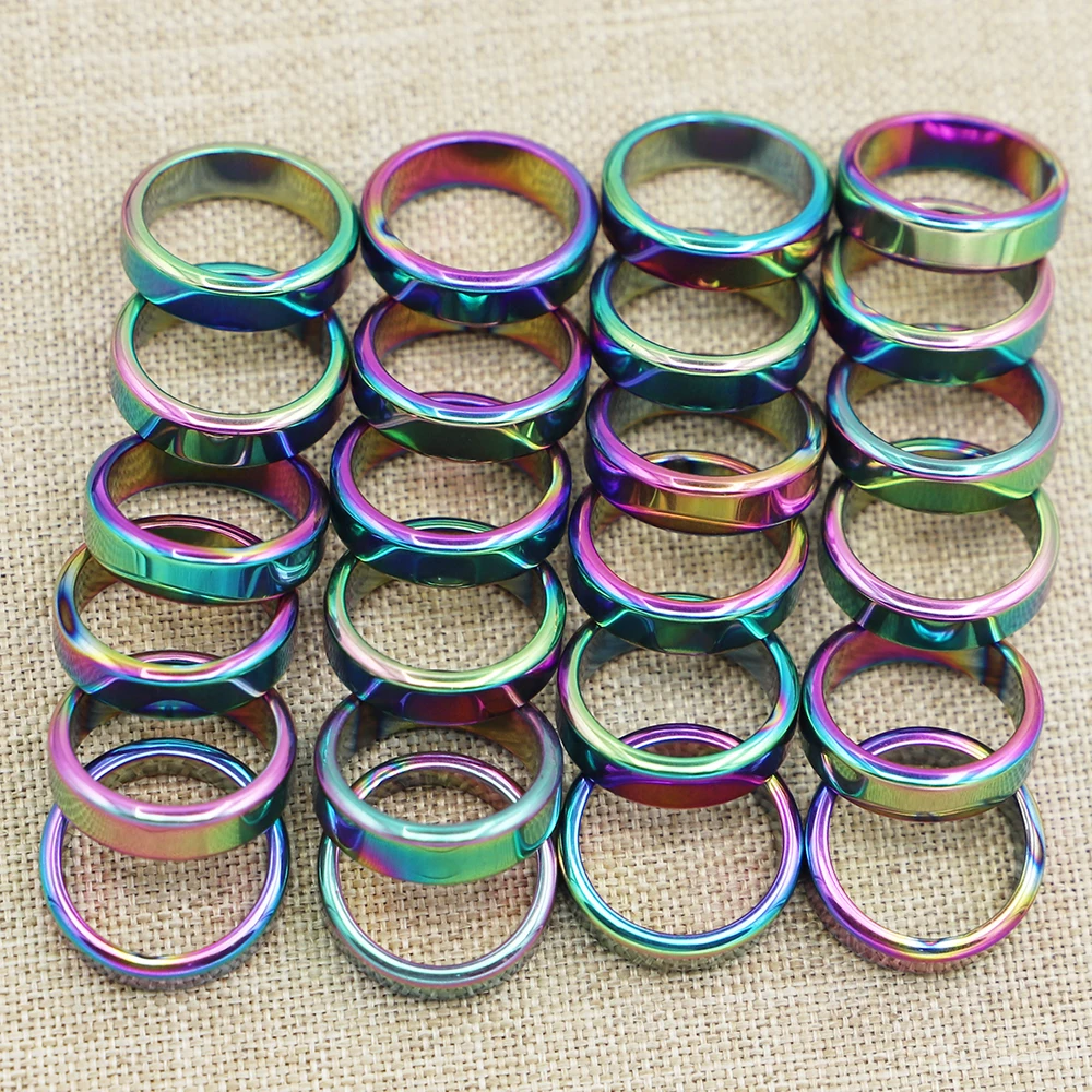 

12Pc/Lot Hot Selling 6 MM Rainbow Black Gallstone Hematite Flat Ring Trend Non-magnetic Bracelet Fashion Jewelry Gifts Wholesale