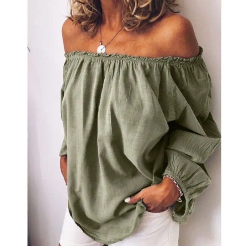 Spring Women Blouse Long Sleeve Casual Solid Color Off Shoulder Female Shirts Dressing Up Elastic Collar Lady Streetwear Shirt