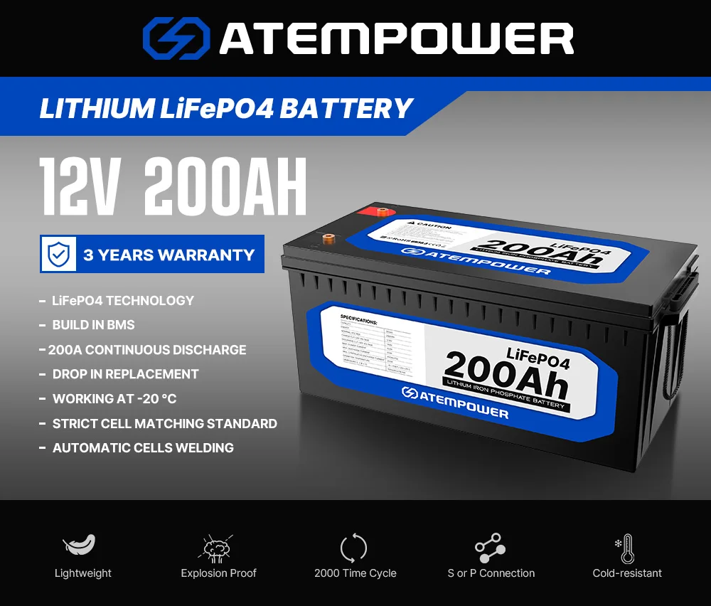 ATEM POWER Deep Cycle Marine 4WD Portable 12V 200Ah LiFePO4 Lithium Battery